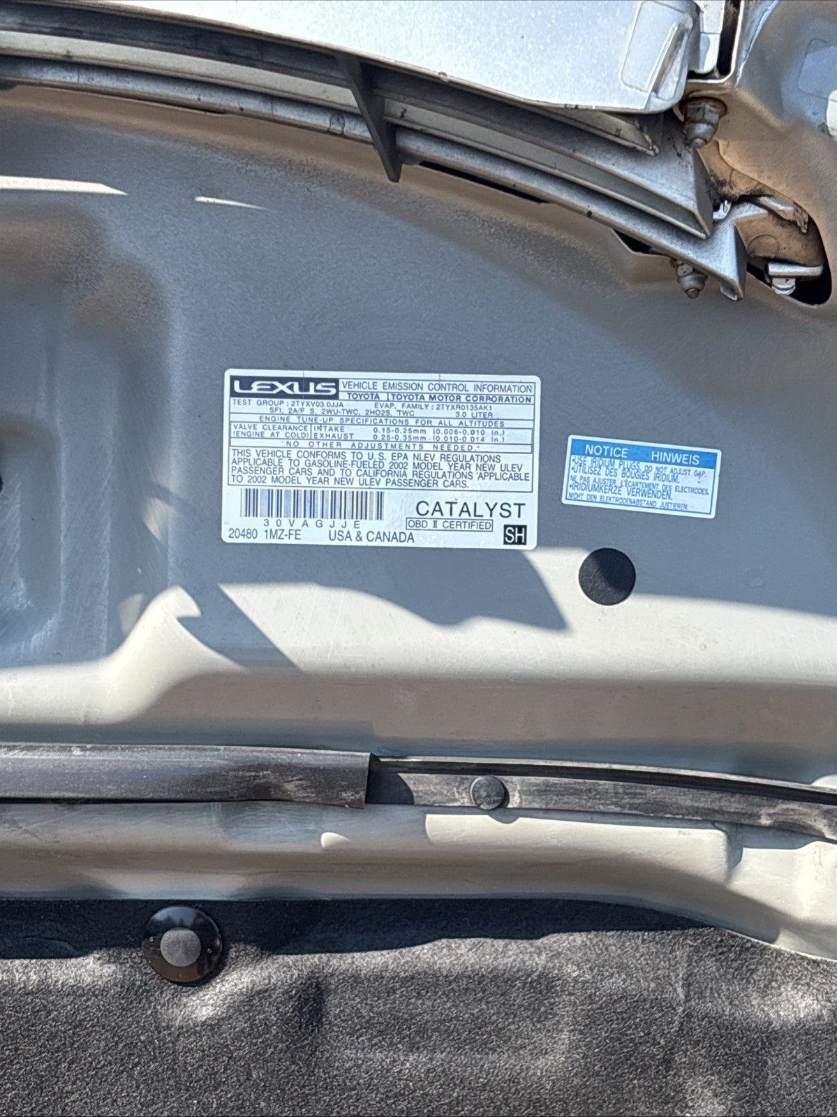 2002-2006 LEXUS ES300 HOOD PANEL SHELL ASSEMBLY* OEM SILVER